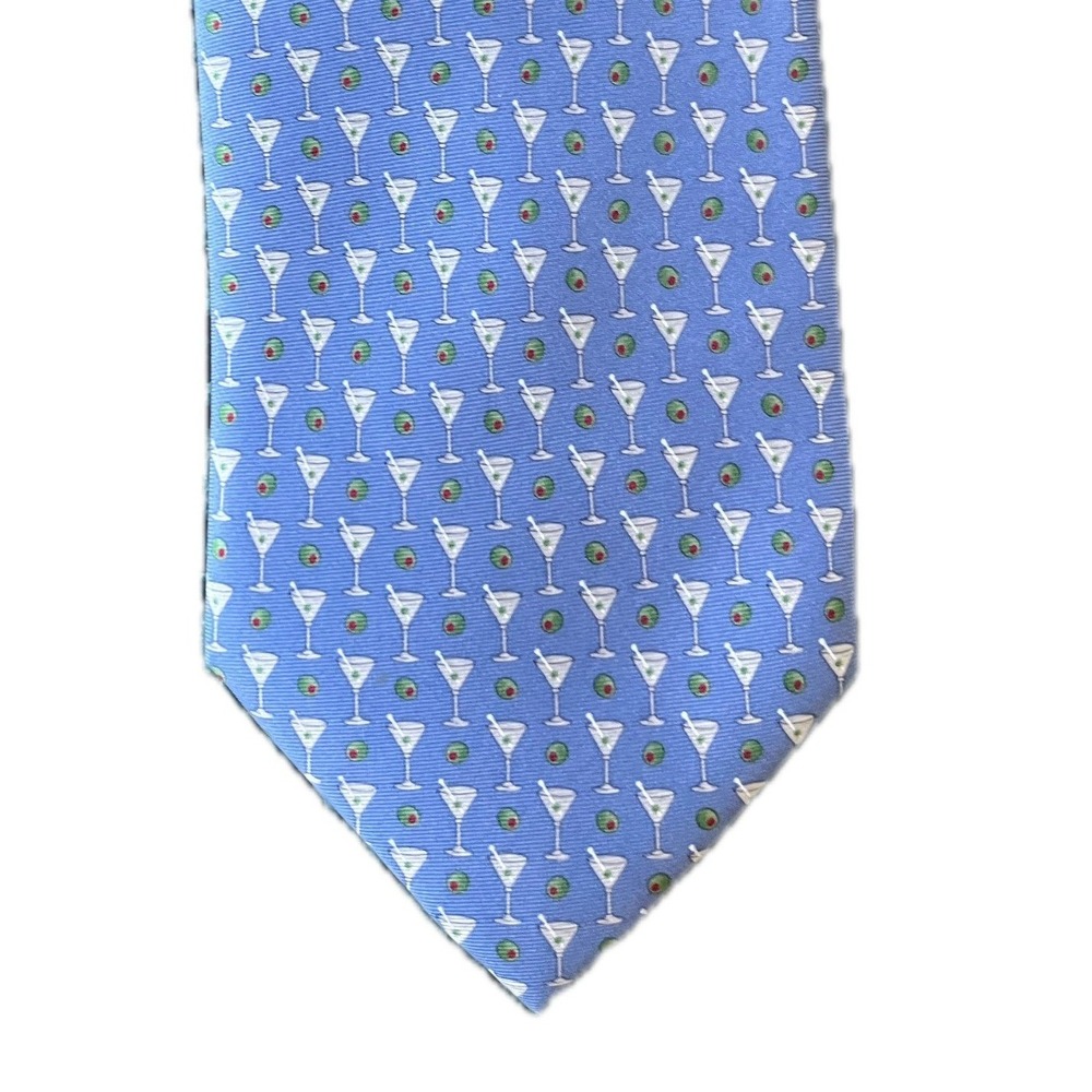 Vintage Silk Tie Light Blue Martini Glass Olive Cocktail Party Necktie Fun Funky